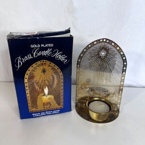 Vintage Giftco Gold Plated Brass Votive Candle Holder Christmas Nativity Scene